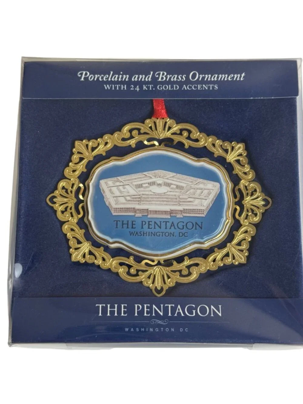 The Pentagon NIB Porcelain Brass Ornament 2013 Fort America 24 KT Gold Accents